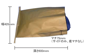 セメント袋のサイズ：横幅420mm, 深さ600mm, マチ75mm(サイドのみ、底マチなし)