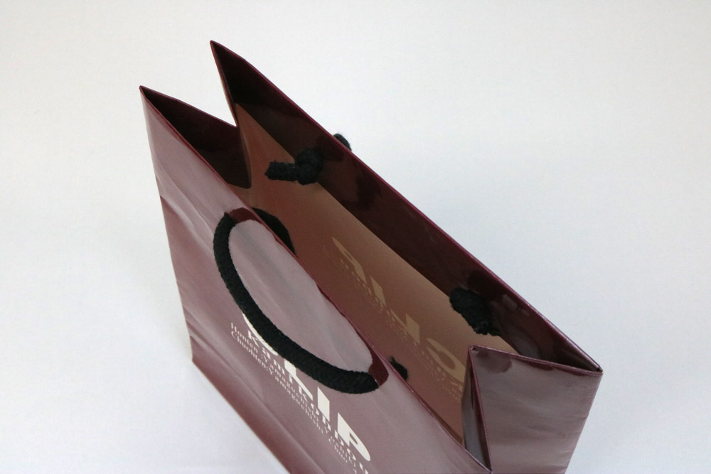 コート紙 表面グロスＰＰ貼り、オフセットベタ１色印刷の別注紙袋の入れ口画像