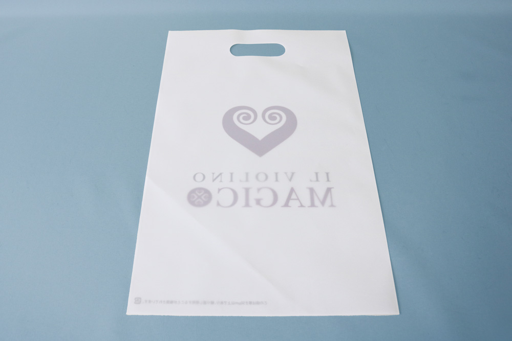 LDPE+OP(乳白)0.08㎜厚のUVオフセット印刷 片面2色の小判穴抜きポリ袋の裏面画像