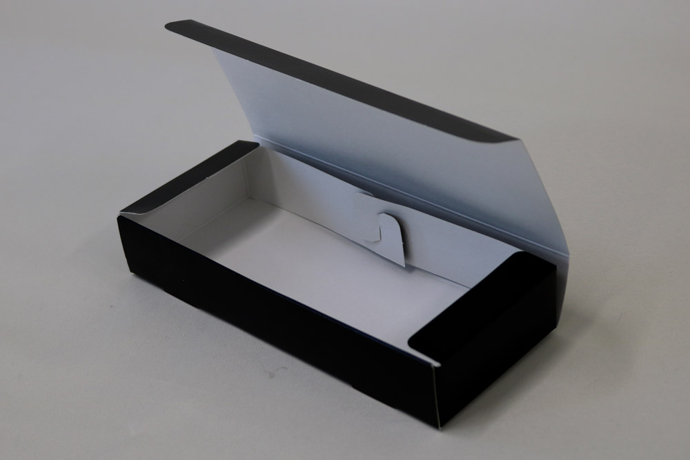 N式箱(身・フタ一体型)オフセット印刷2色(ベタ) 組立て紙箱の蓋開き状態1画像
