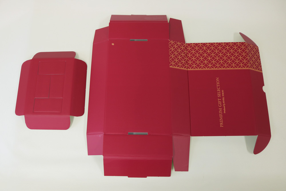 E段(1.5㎜厚) オフセット印刷2色(ベタ) 組立て紙箱の畳状態画像