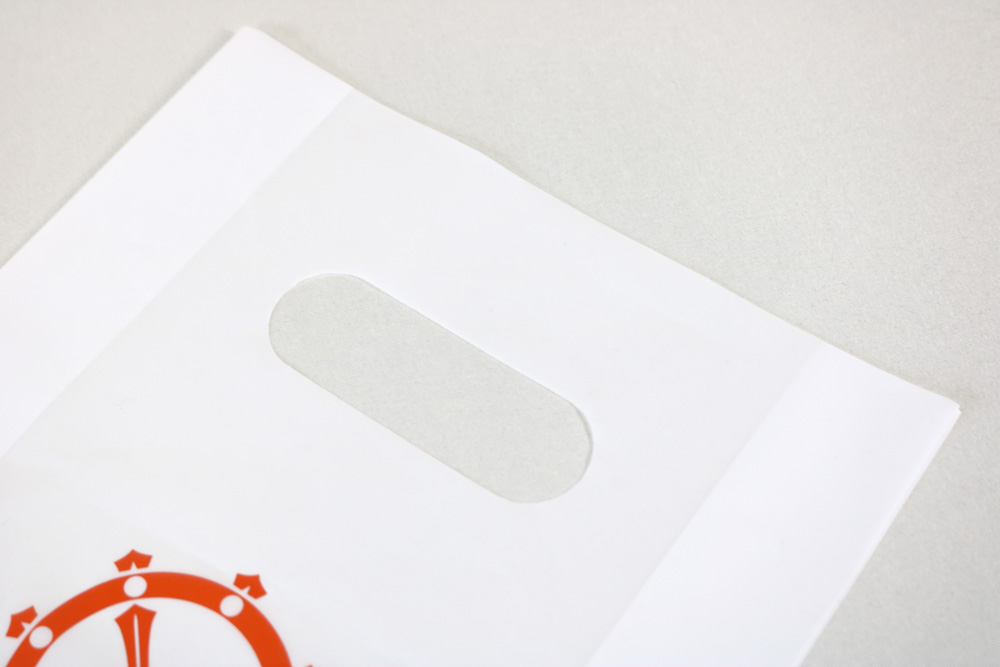 HDPE0.025㎜厚のグラビア印刷片面１色の小判穴抜きポリ袋の入れ口画像
