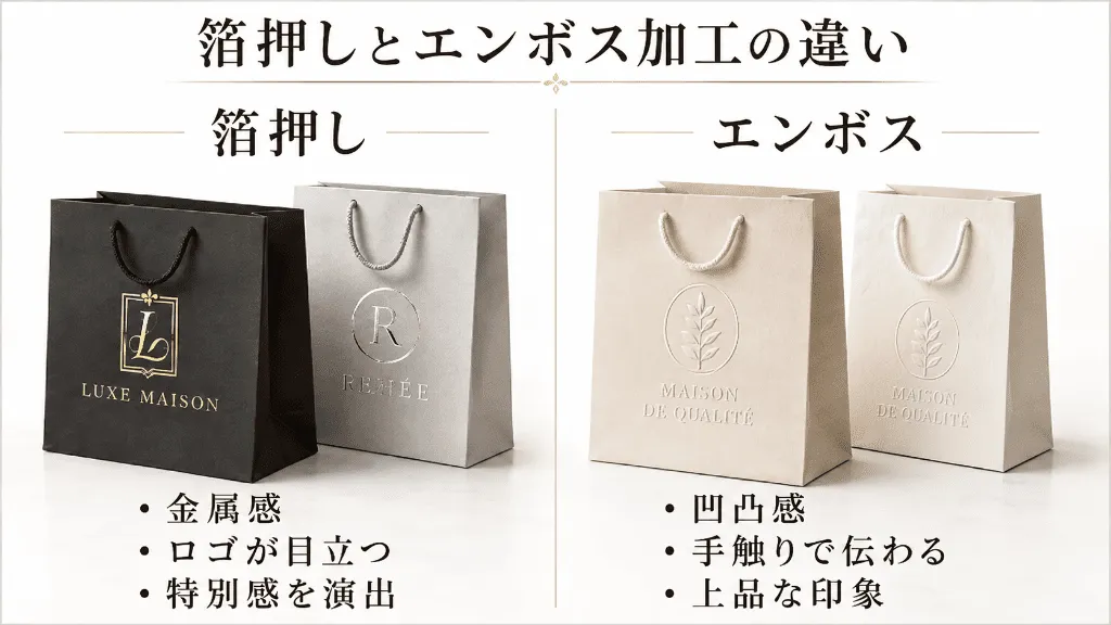 紙袋の箔押しとエンボス加工の違い