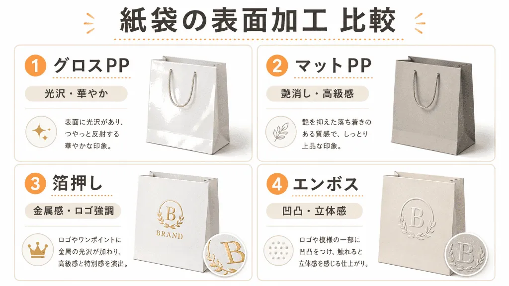 紙袋の表面加工ごとの特徴比較