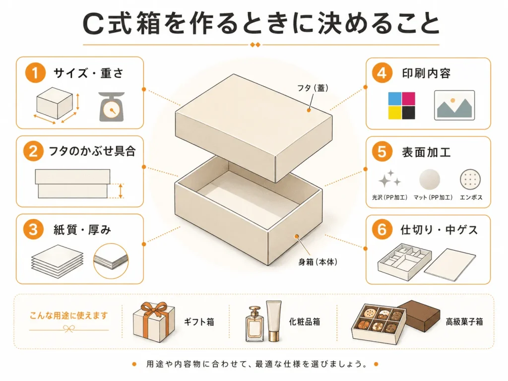 オリジナルC式箱を作るときに決めることを説明する記事内画像。