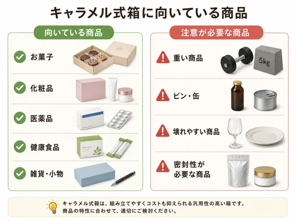 キャラメル式箱に向いている商品と向いていない商品