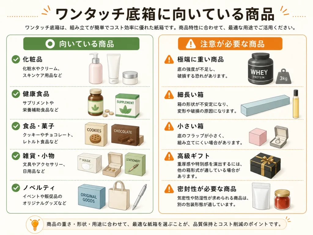 ワンタッチ底箱に向いている商品と注意が必要な商品