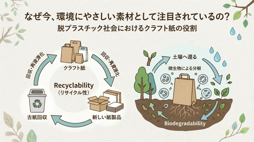 クラフト紙のリサイクル性と生分解性の図解